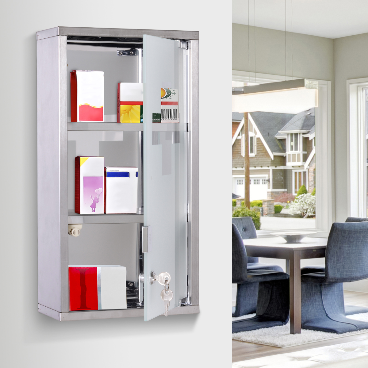 Wall-Mounted Stainless Steel Medicine Cabinet with 2 Shelves and Lockable Glass Door – Bathroom Storage
