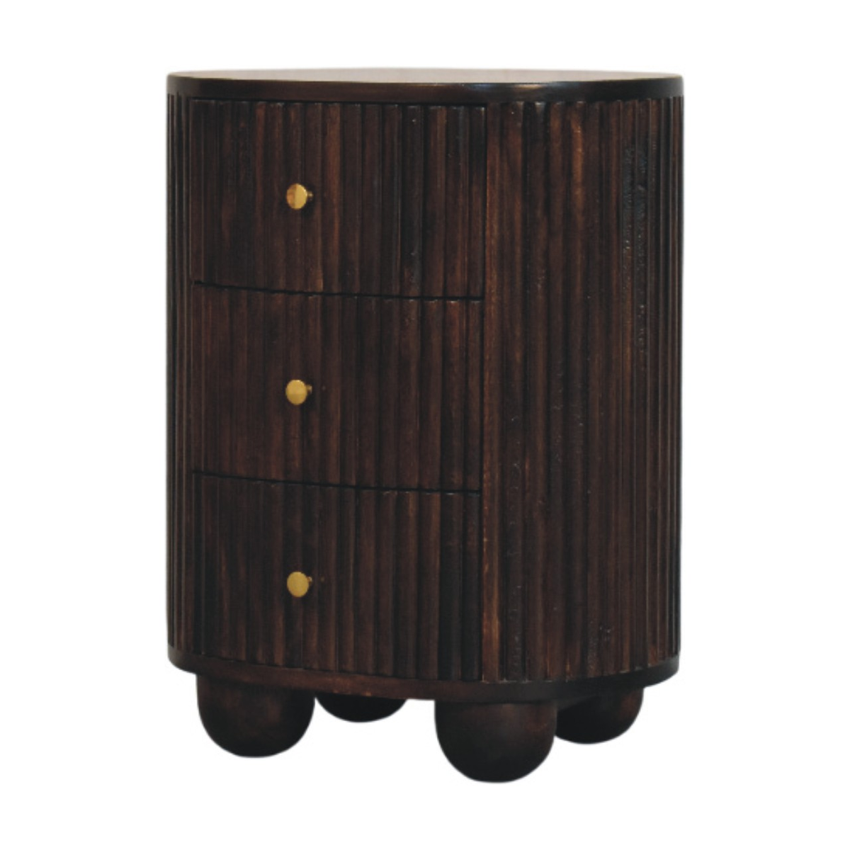 Artisan Furniture Solid Mango Wood Curved Fluted Bedside Table with 3 Drawers and Brass Knobs – Dark Brown