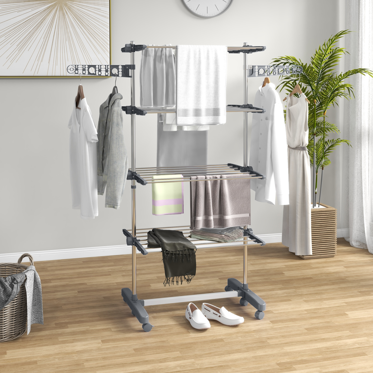 HOMCOM 4-Tier Stainless Steel Clothes Airer with Adjustable Shelves – Foldable Indoor and Outdoor Drying, Grey