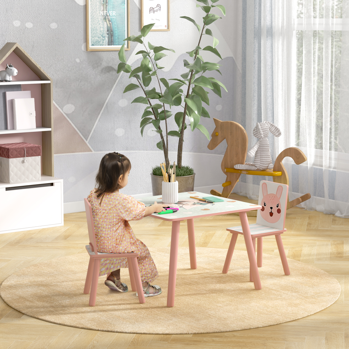 ZONEKIZ Kids Table and 2 Chairs Set with Rounded Edges – Children's Desk for Arts, Crafts & Homework, Pink