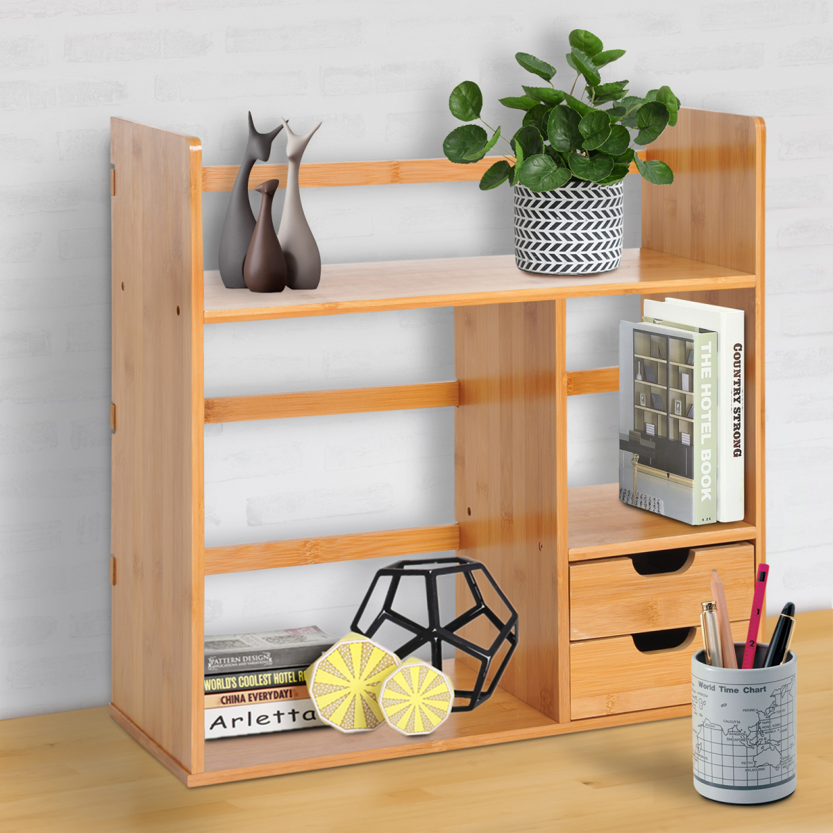 HOMCOM Bamboo Desk Organiser with 2 Drawers and 2 Cube Storage, 180 Degree Rotatable – Desktop Bookshelf