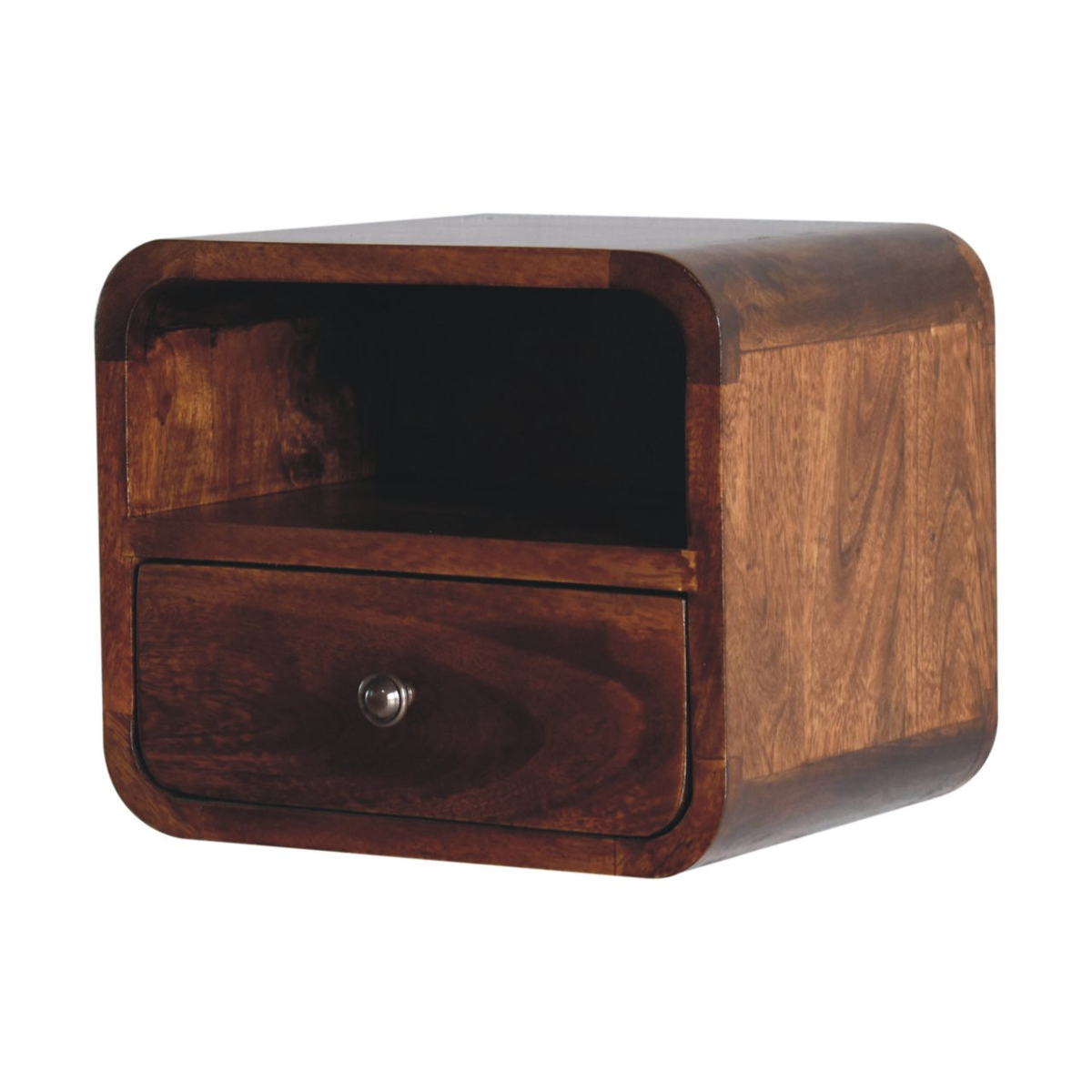 Artisan Furniture Extra Mini Wall-Mounted Bedside Table with 1 Drawer & Open Shelf, Solid Mango Wood – Dark Brown