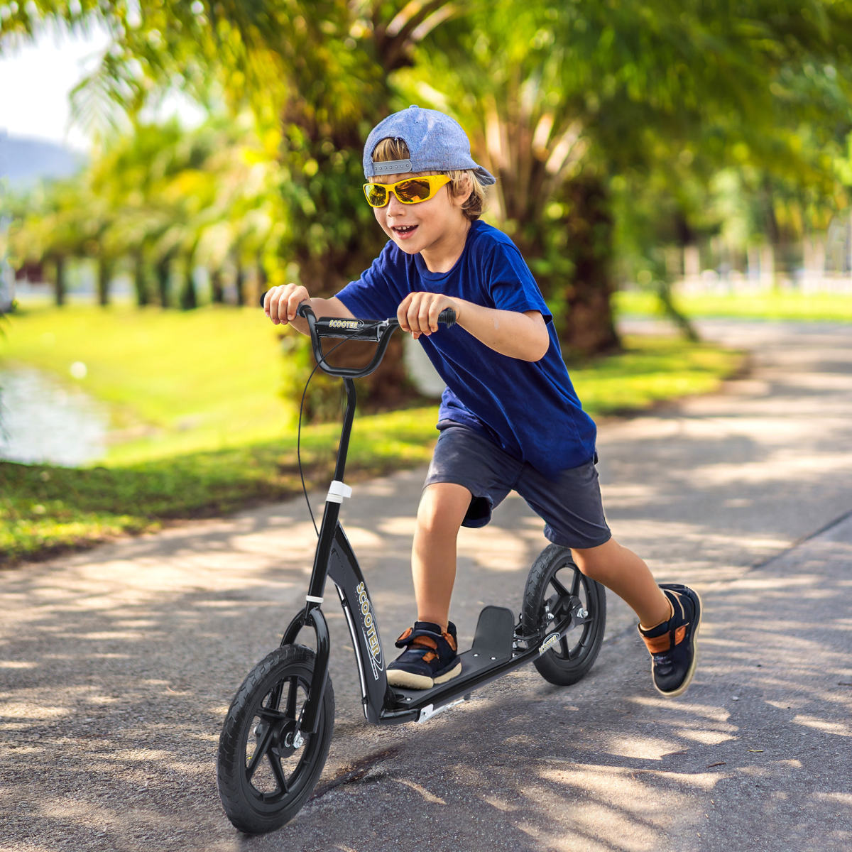 HOMCOM Push Scooter with 12" EVA Tyres, Adjustable Height & Rear Brake – Stunt Kick Scooter for Kids, Black