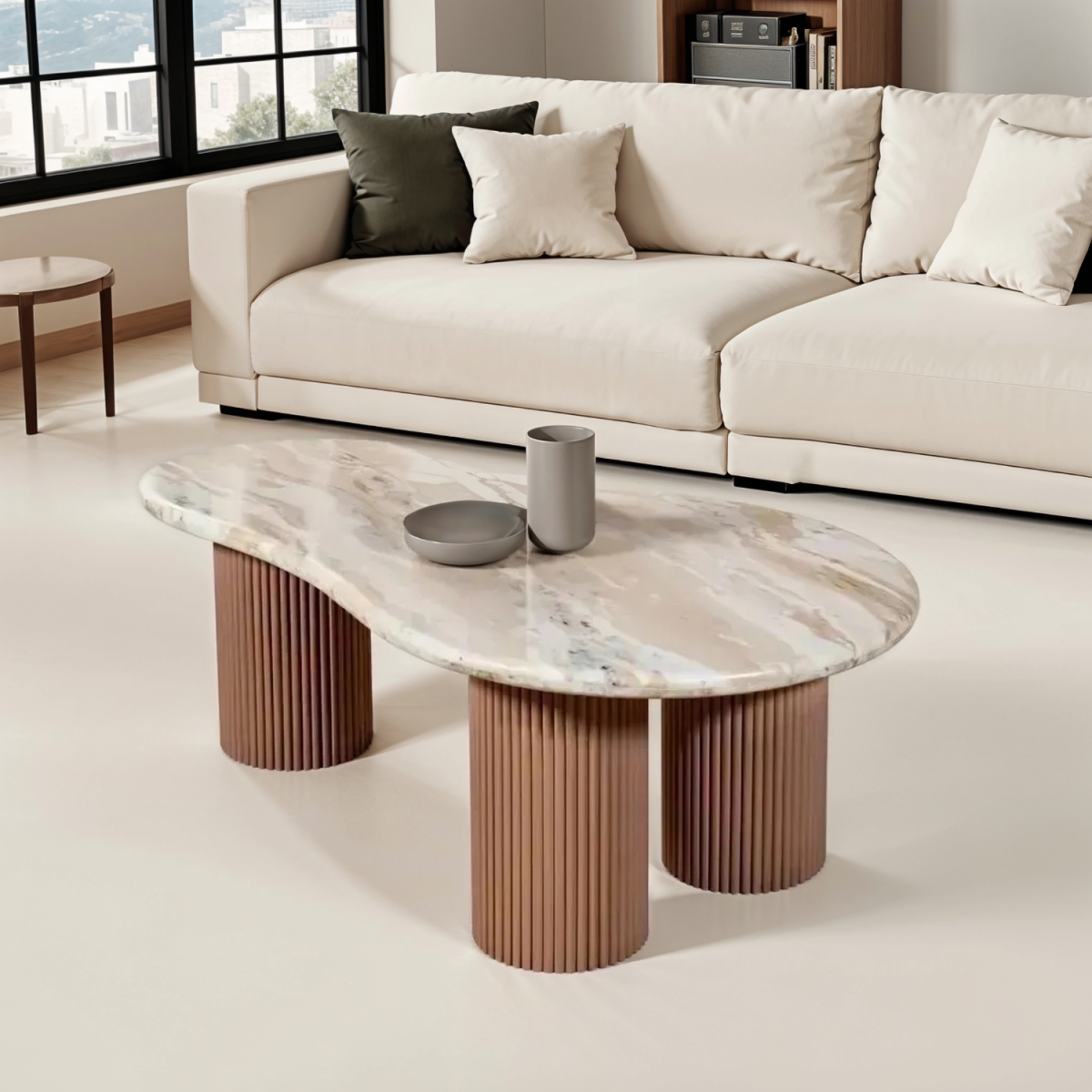 Ashford Natural Marble & Wood Pedestal Coffee Table – Round Statement Piece for Living Rooms