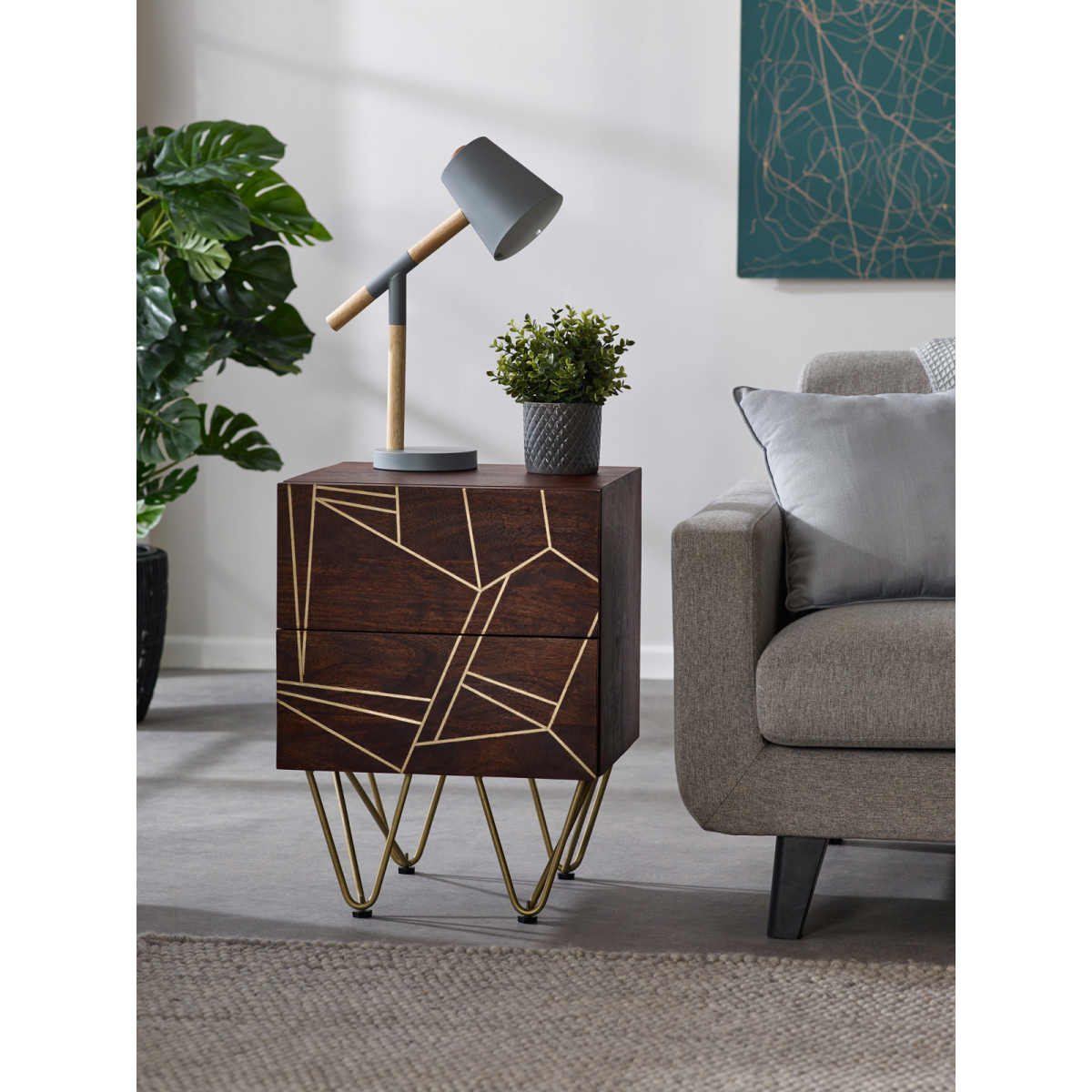Indian Hub 2 Drawer Side Table with Dark Gold Metal Inlay – Solid Wood Bedside & Sofa Storage