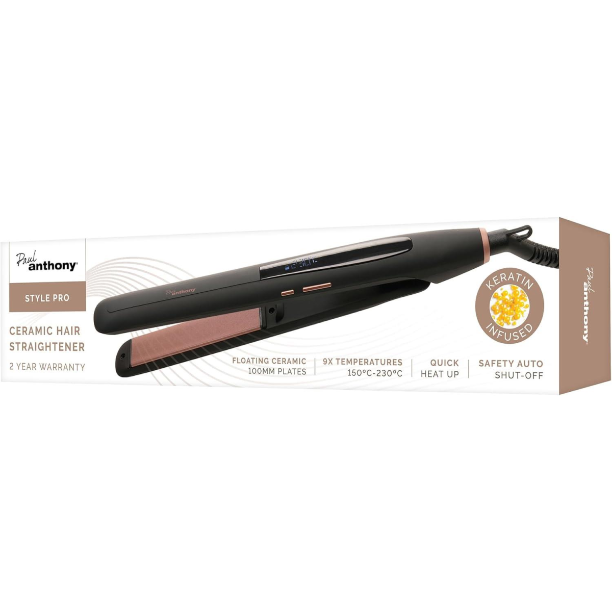 Paul Anthony StylePro Ceramic Hair Straightener with Keratin – 9 Heat Settings, LED Display, 360 Swivel Cord