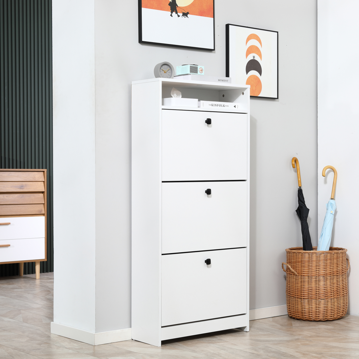 3-Drawer Shoe Storage Cabinet with Flip-Down Drawers – Holds 18 Pairs, Slim Hallway Organiser, White