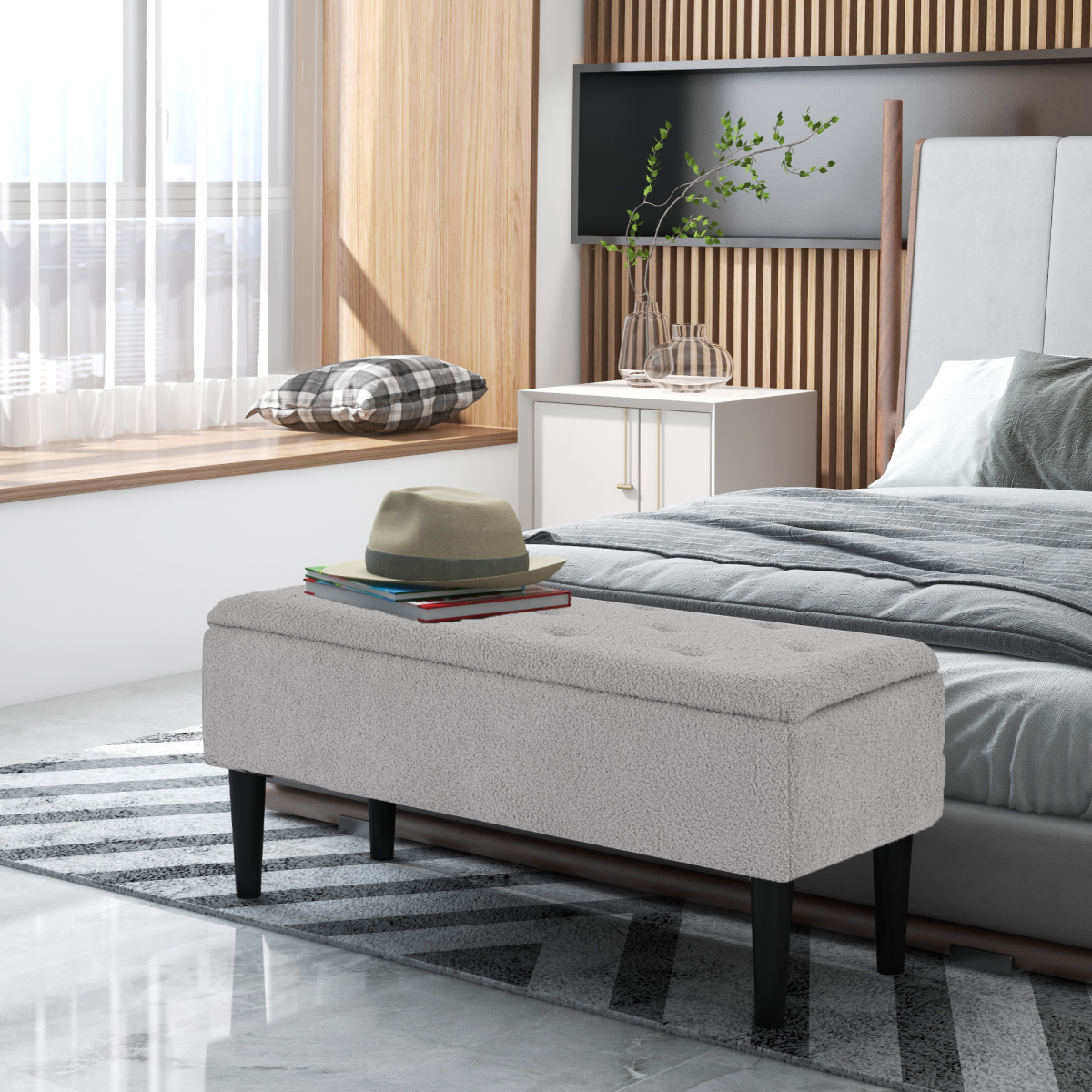 HOMCOM Ottoman Storage Box with Padded Lid and Wooden Legs, 47L – Bedroom and Hallway Seat, Grey