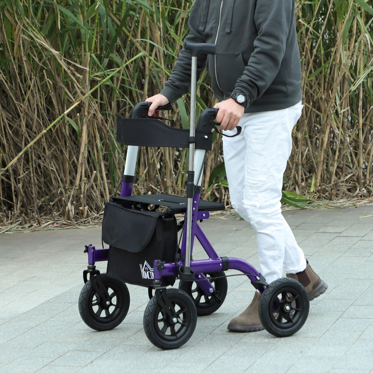 HOMCOM All-Terrain Rollator Walker with Seat, Backrest & Storage Bag – Folding Aluminium Mobility Aid, Purple