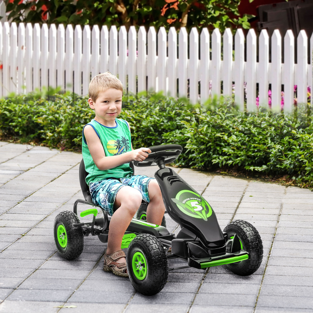 HOMCOM Children Pedal Go Kart with Adjustable Seat, Rubber Wheels and Handbrake – Ride-On for Ages 5-12, Green