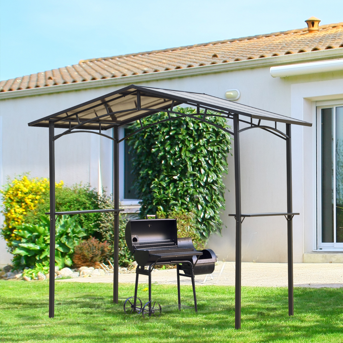 Outsunny 2.5 x 1.5m Aluminium BBQ Gazebo with Polycarbonate Roof & Side Shelves – Outdoor Cooking Shelter