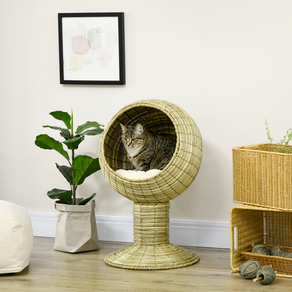 PawHut Raised Cat House with Natural Mat Grass Basket, Cushion and Stand – Detachable Cat Bed, 41 x 69 cm