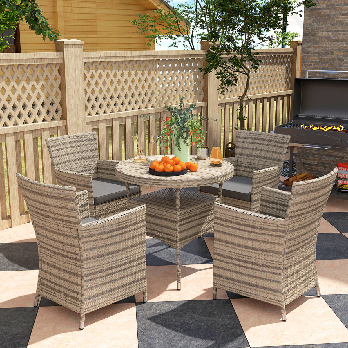 Outsunny 5-Piece Rattan Dining Set for 4 with Cushioned High-Back Chairs & Two-Tier Table – Patio, Grey