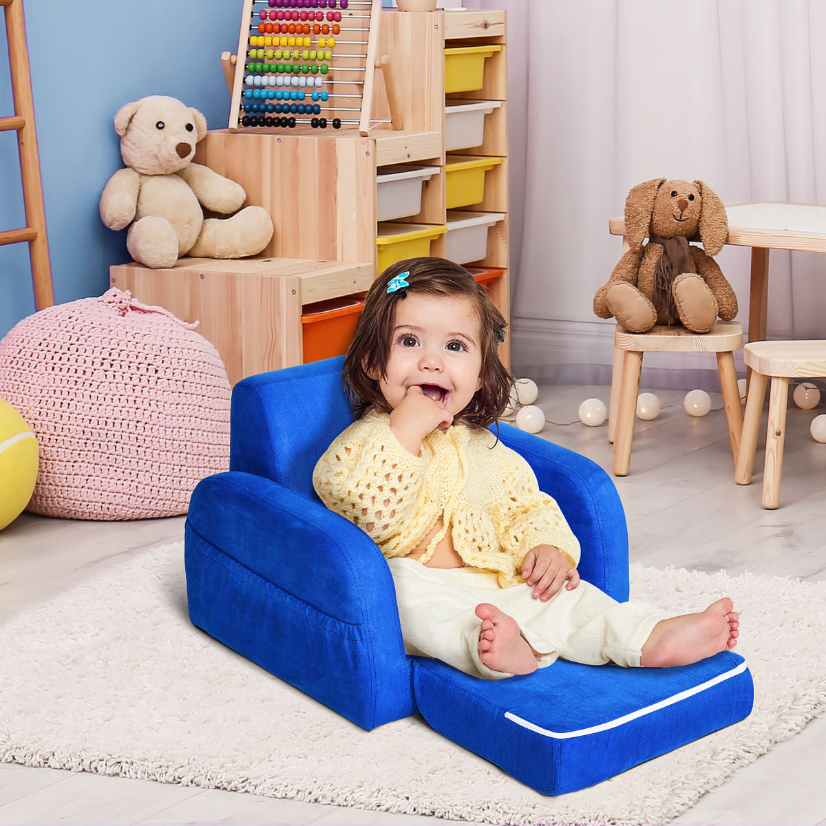 HOMCOM 2-in-1 Kids Sofa Armchair with Fold-Out Bed – Flip-Open Toddler Couch in Flannel, Blue