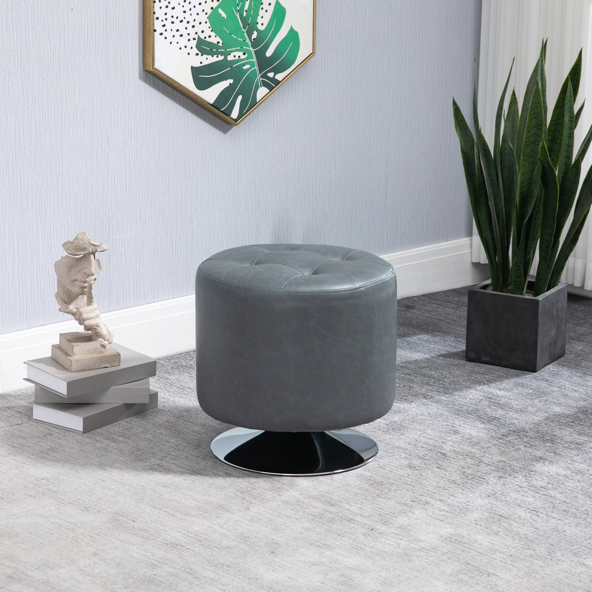 HOMCOM 360° Swivel PU Leather Footstool Ottoman with Steel Base – Footrest or Extra Seat, Grey