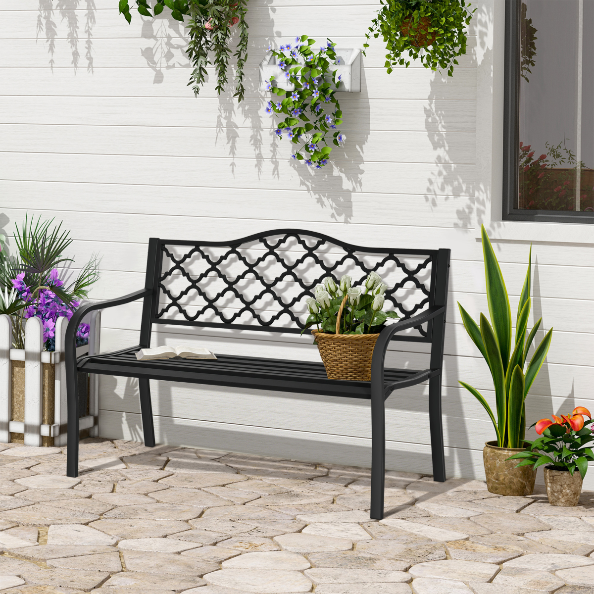 Outsunny 2-Seater Vintage Garden Bench with Steel & Cast Iron Frame, Slatted Seat – Matte Black