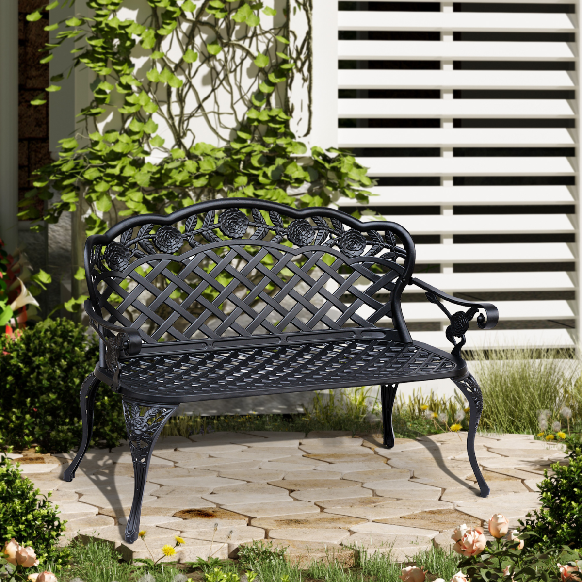 Outsunny Cast Aluminium Garden Bench – Antique-Style Outdoor Seat with Floral Scroll Back, Black