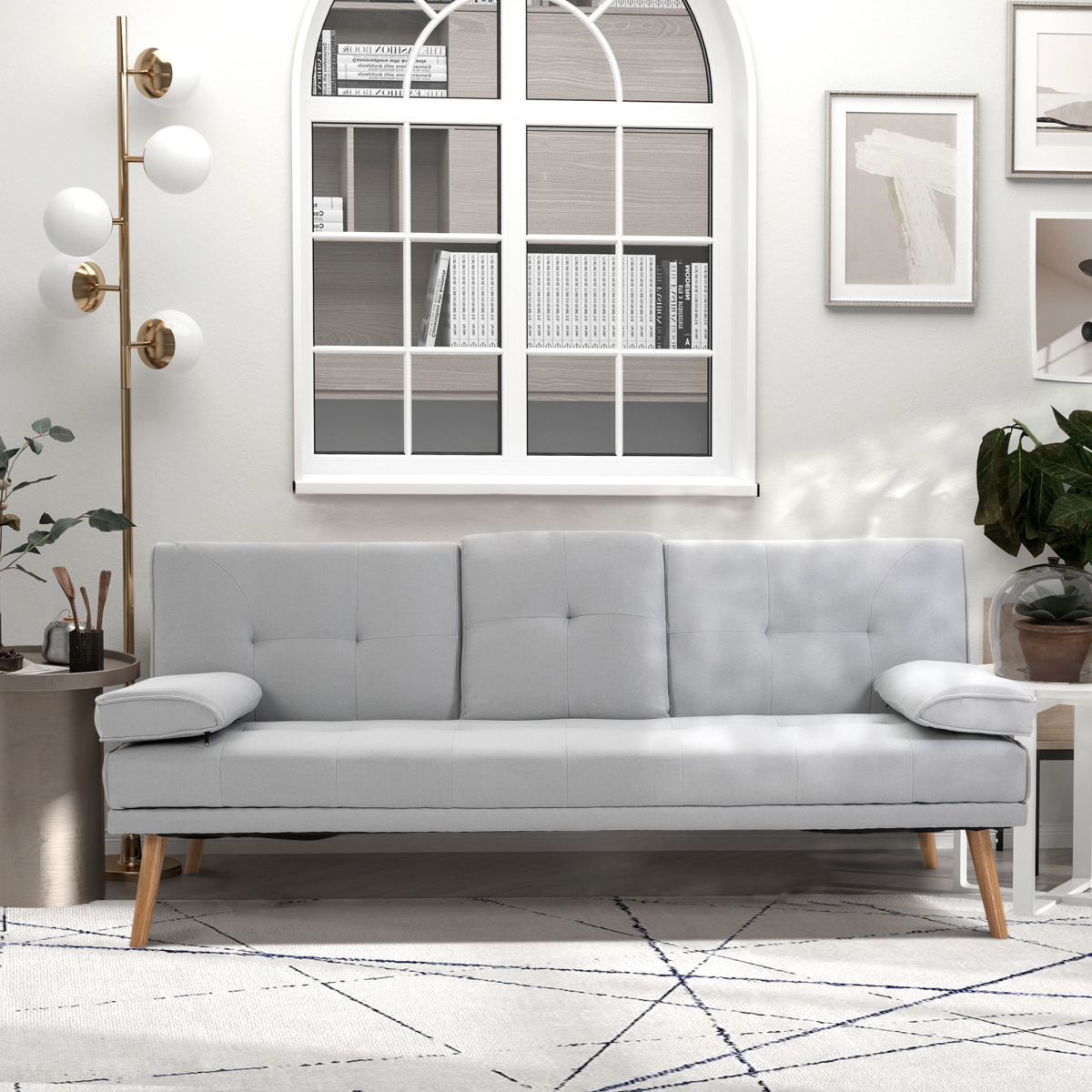 HOMCOM Scandi 3 Seater Sofa Bed with Adjustable Recline & Fold-Down Middle Table – Metal Frame Guest Bed