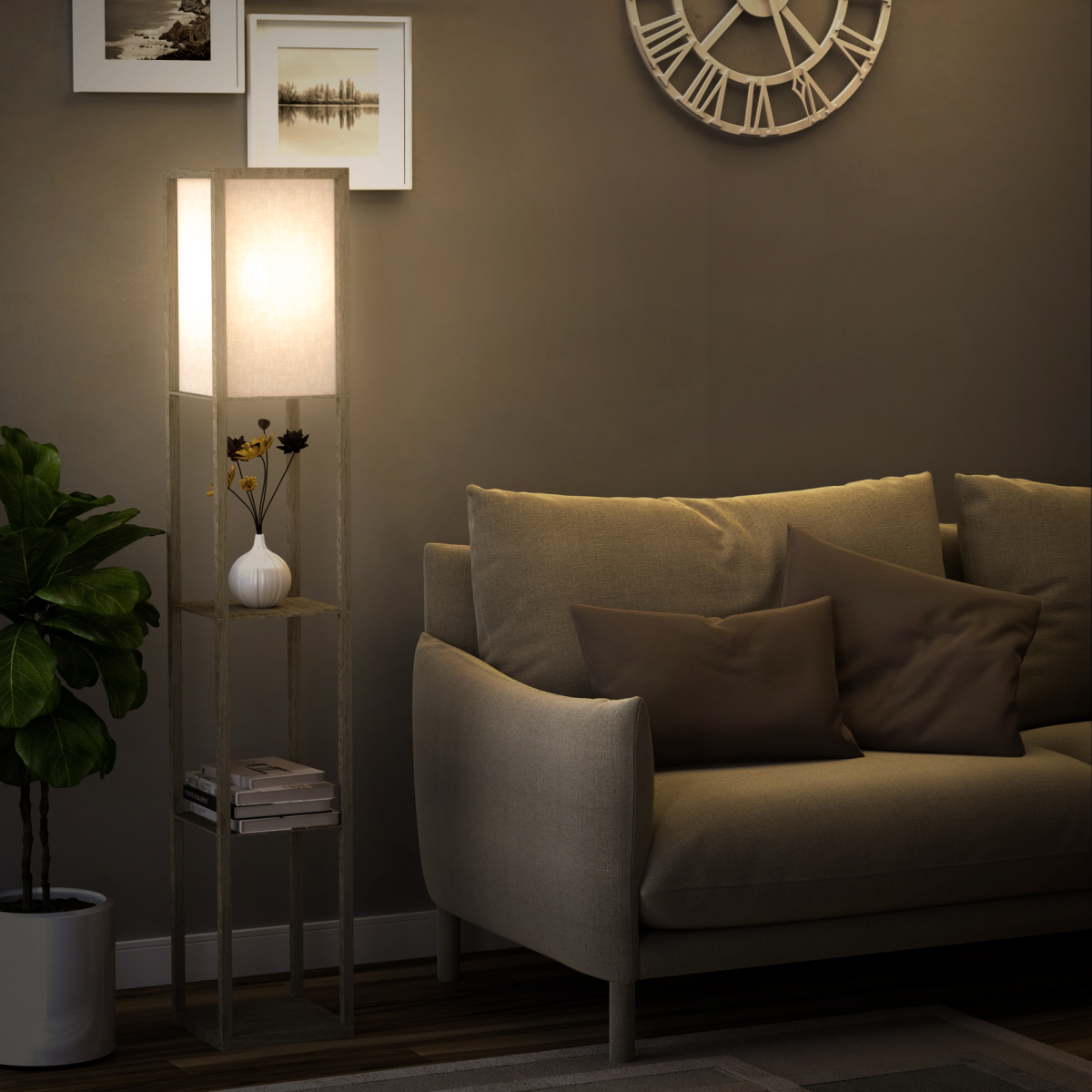 Storage Shelf Floor Lamp – White & Oak