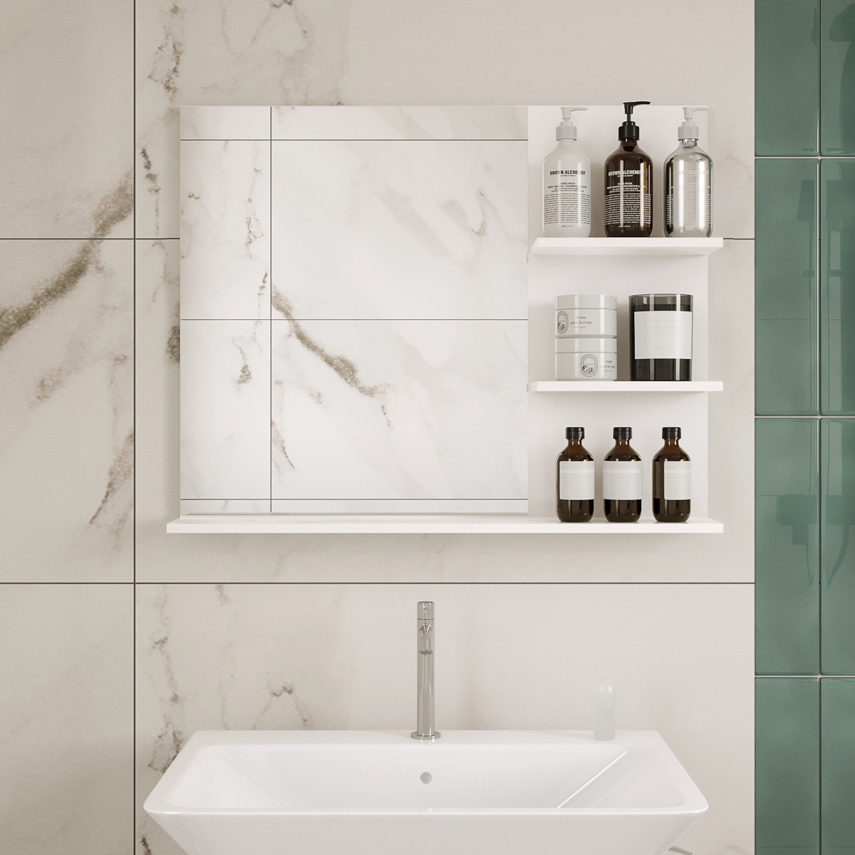 Kleankin Wall Mounted Bathroom Mirror with 3 Open Storage Shelves – Space-Saving Bathroom Storage, White