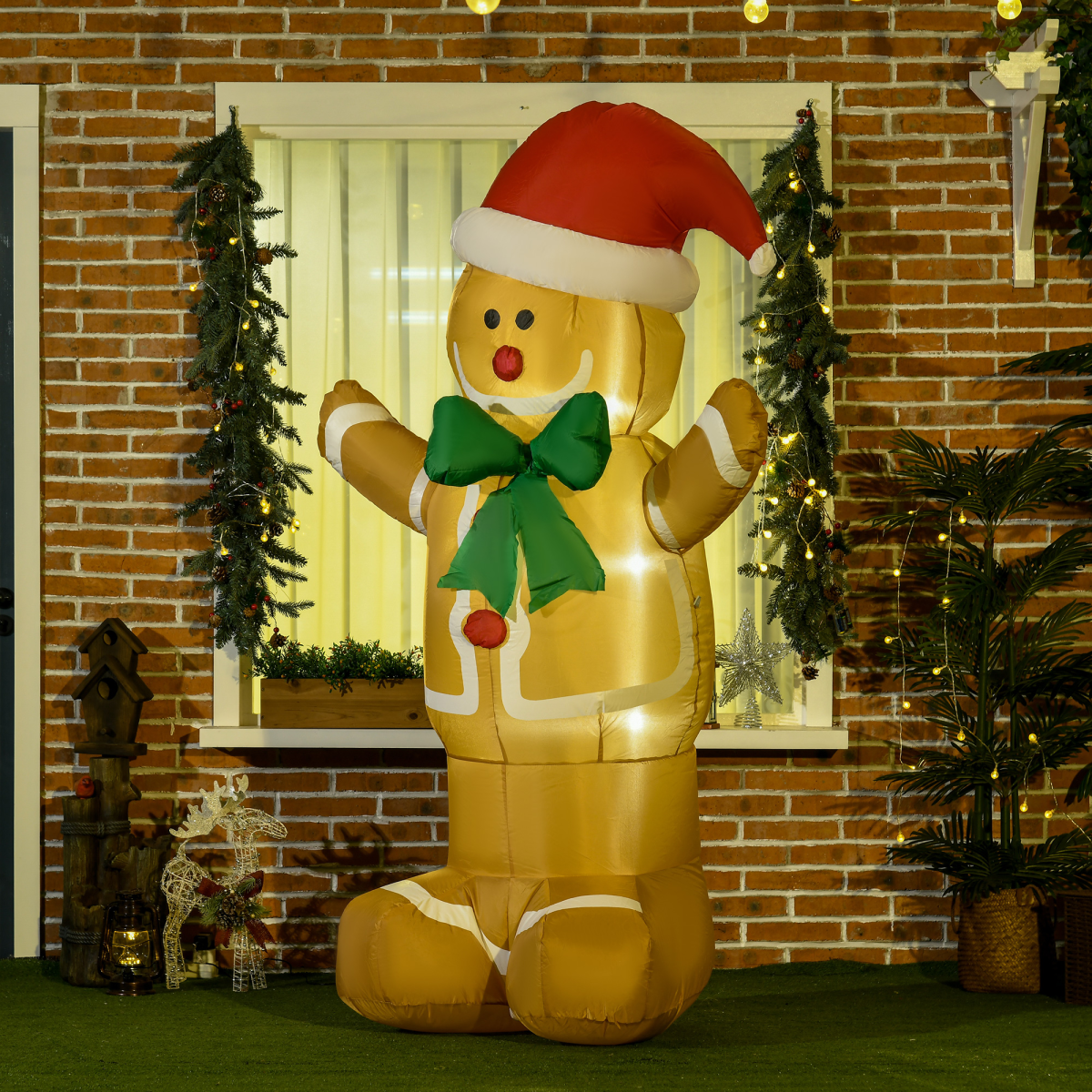 HOMCOM 6ft Christmas Inflatable Gingerbread Man with Santa Hat and LED Lights – Outdoor Garden Decor