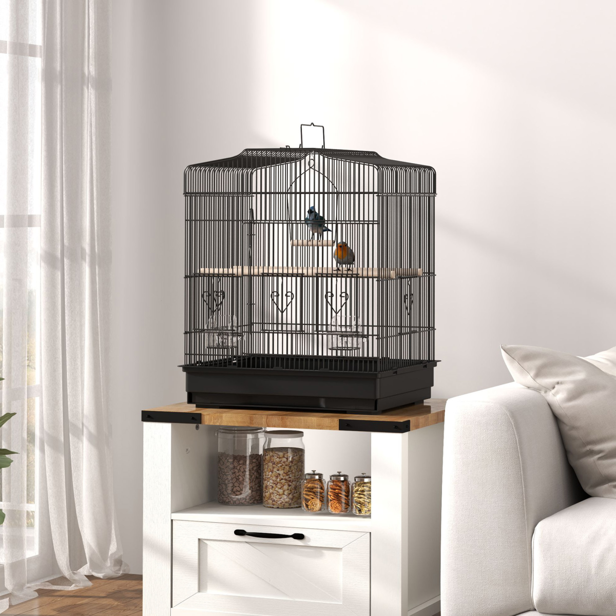 PawHut 59cm Large Bird Cage with Stand, Perches, Food Bowls & Swing – Powder-Coated Steel Aviary, Black