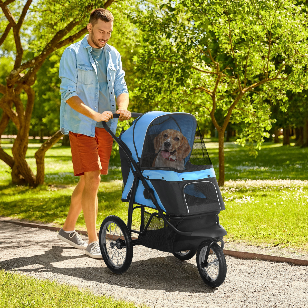 PawHut 3 Wheel Foldable Pet Stroller with Canopy & Mesh Windows – Dog Pram for Small Dogs, Blue