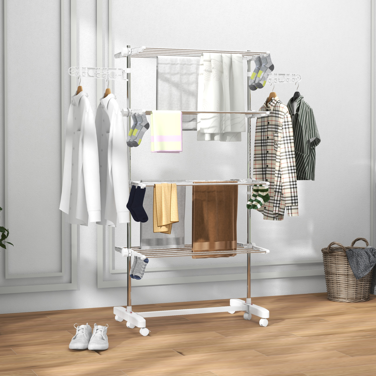 HOMCOM 4-Tier Folding Clothes Airer Rail with Wheels – Indoor Garment Drying Stand, White and Silver