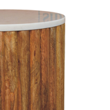 Artisan Furniture Solid Wood Fluted Side Table with Marble Top – Oakish Finish, Brown & White
