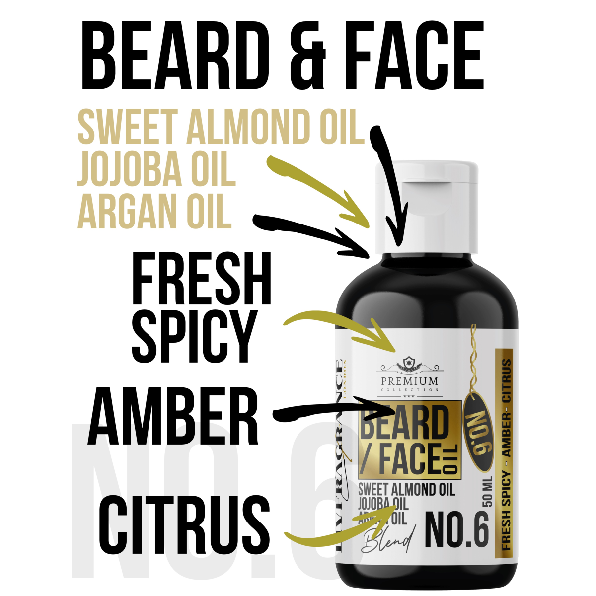 LIVFRAGRANCE Beard & Face Oil Blend No.6 50ml – Fresh Citrus & Spicy Amber with Almond, Jojoba & Argan