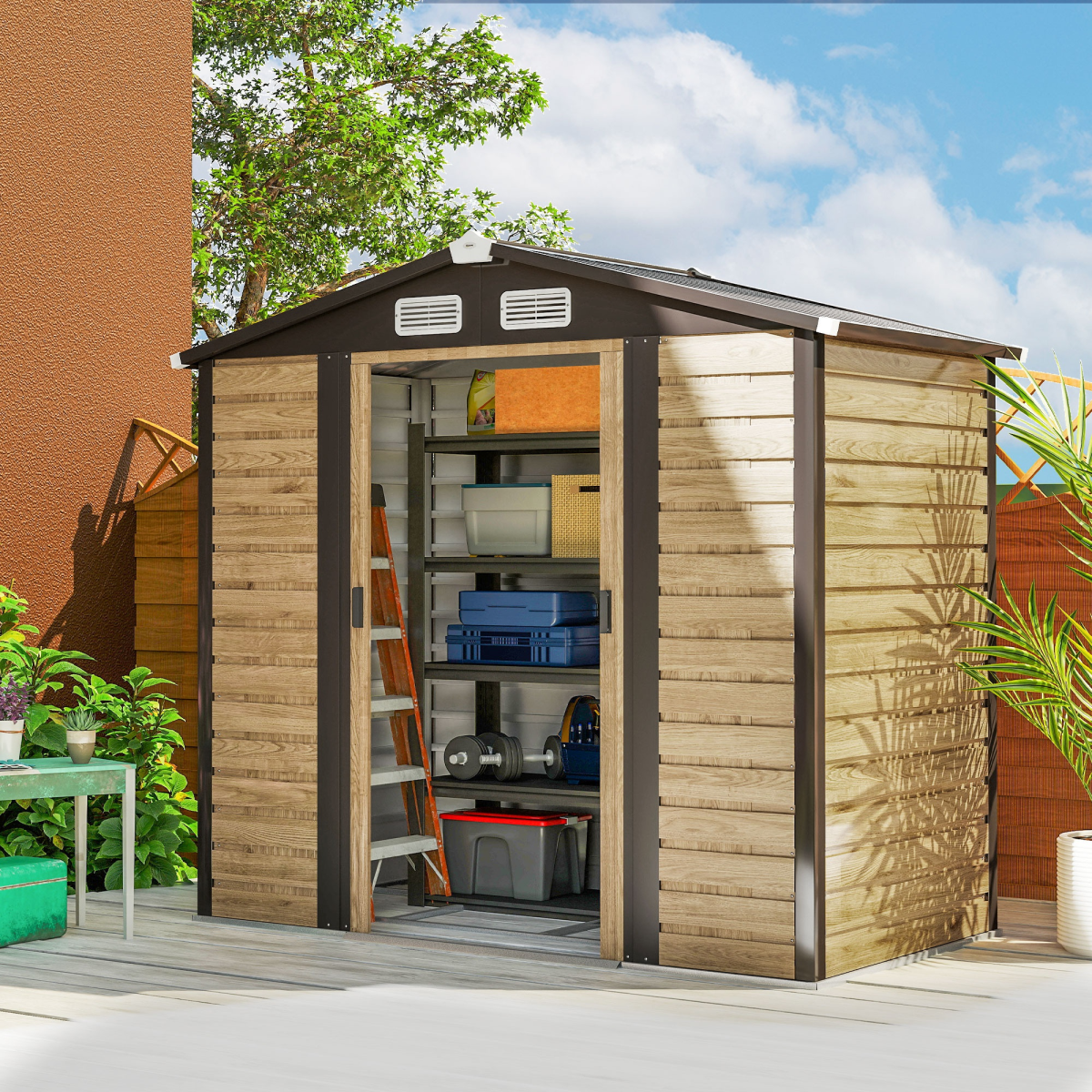 Outsunny 7 x 4ft Metal Garden Shed with Lockable Sliding Doors & Vents – Apex Roof Bike Storage, Natural