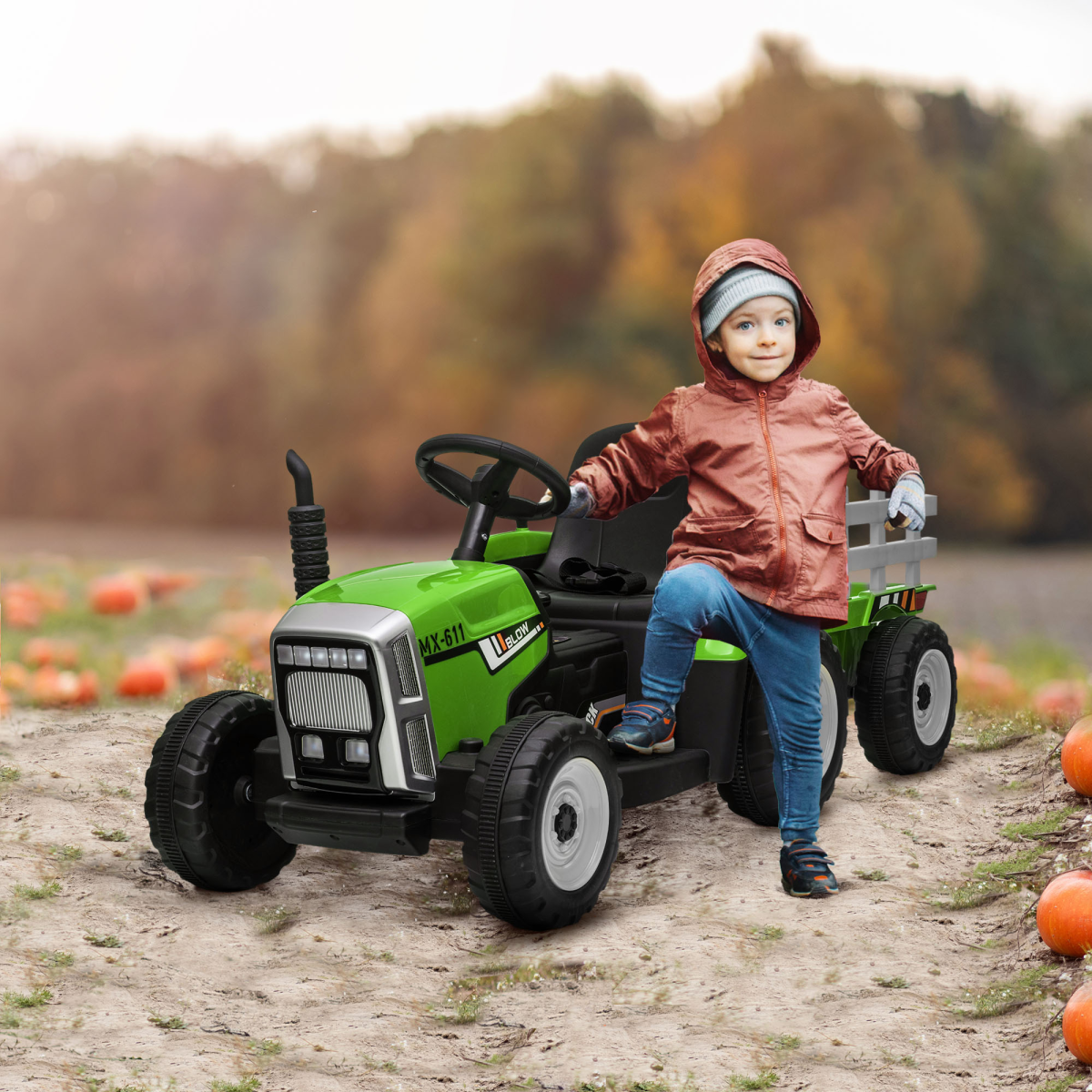 HOMCOM Ride-On Tractor with Detachable Trailer, Remote Control & Music – Kids Electric Toy, Green