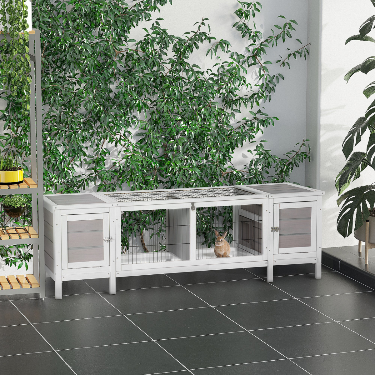 PawHut Indoor Rabbit Hutch with Separable Rooms and Slide-Out Tray – Guinea Pig Cage & Bunny Run, Grey