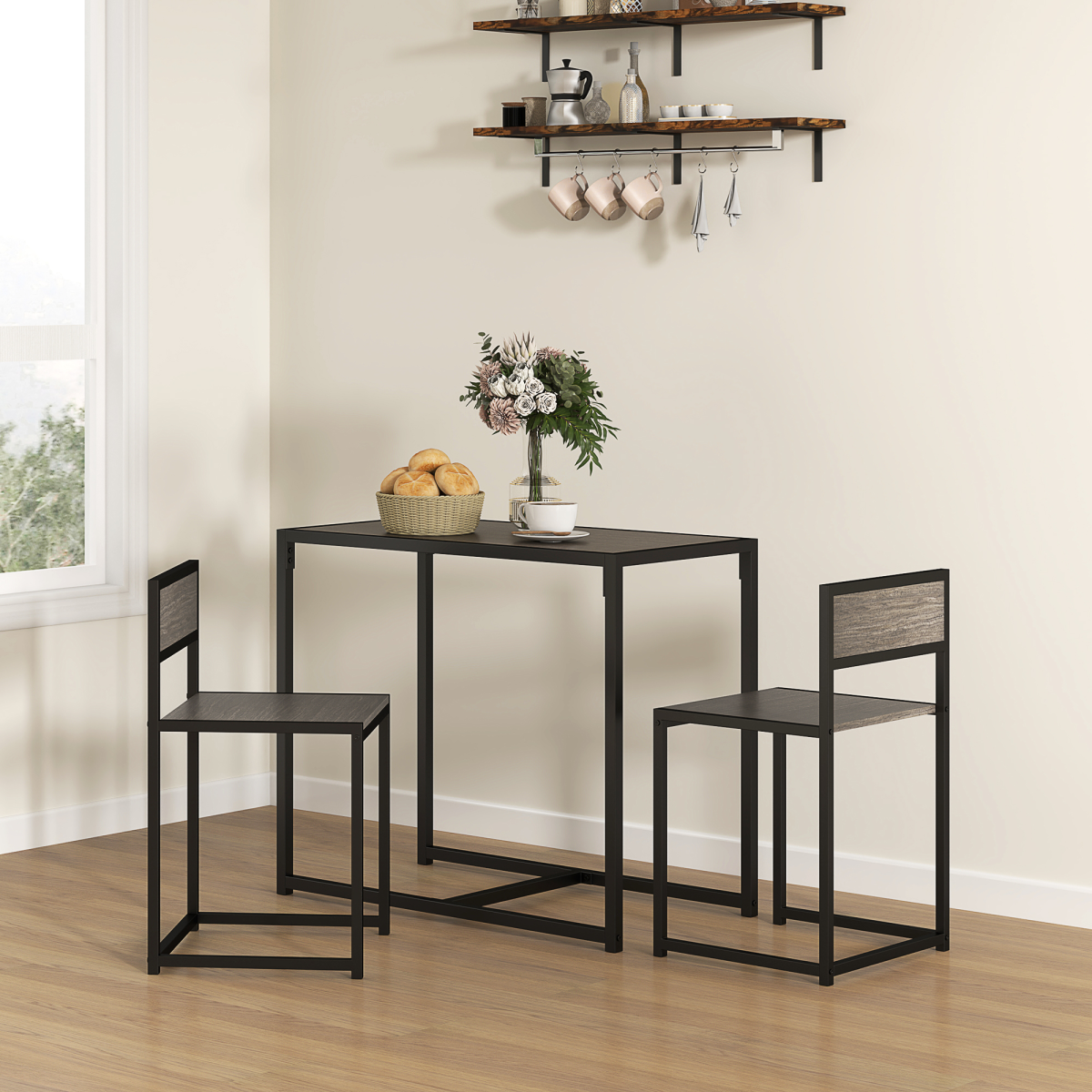 HOMCOM 3 Piece Dining Table Set with Two Stools and Steel Frame – Industrial Kitchen Table, Grey Wood-Effect