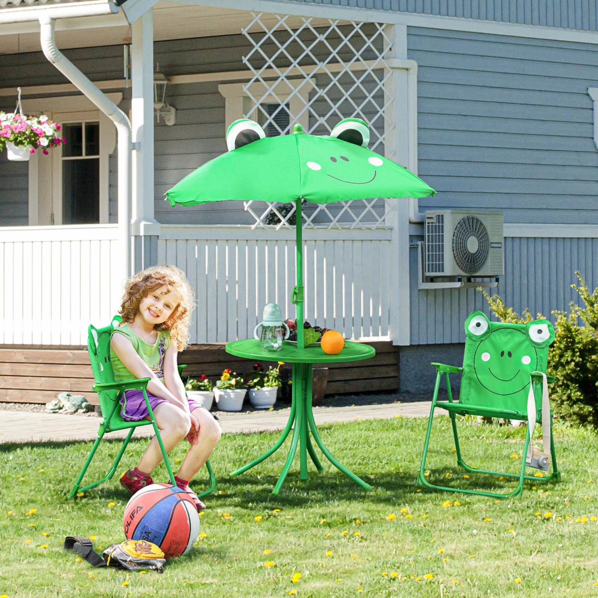 Kids Foldable Picnic Table Set with 2 Chairs & Frog Parasol, 4-Piece – Garden Furniture for Ages 3–5, Green