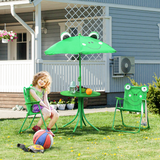 Kids Foldable Picnic Table Set with 2 Chairs & Frog Parasol, 4-Piece – Garden Furniture for Ages 3–5, Green