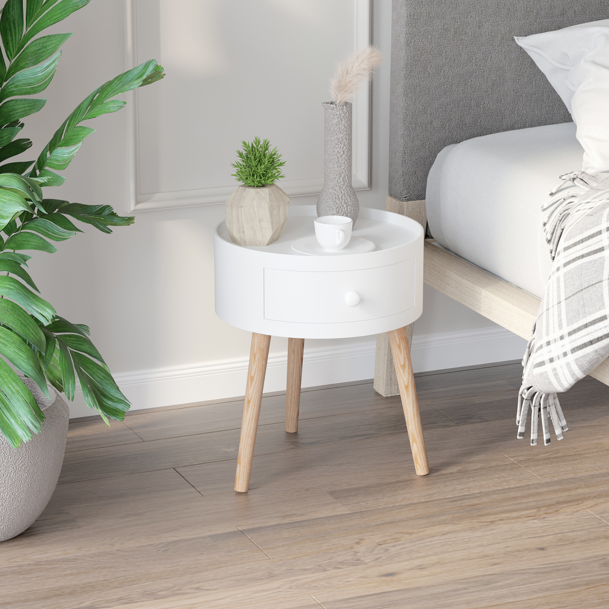 HOMCOM Round Coffee Table with Pull-Out Drawer and Wooden Legs – Living Room & Office Side Table, White