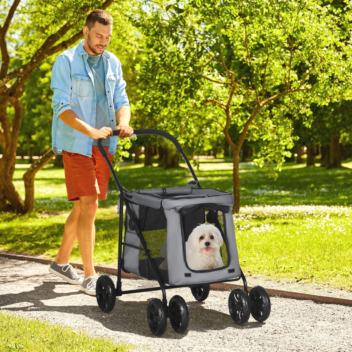 PawHut One-Click Foldable Pet Stroller with Mesh Windows – Dog Buggy for Small Dogs up to 10kg, Grey