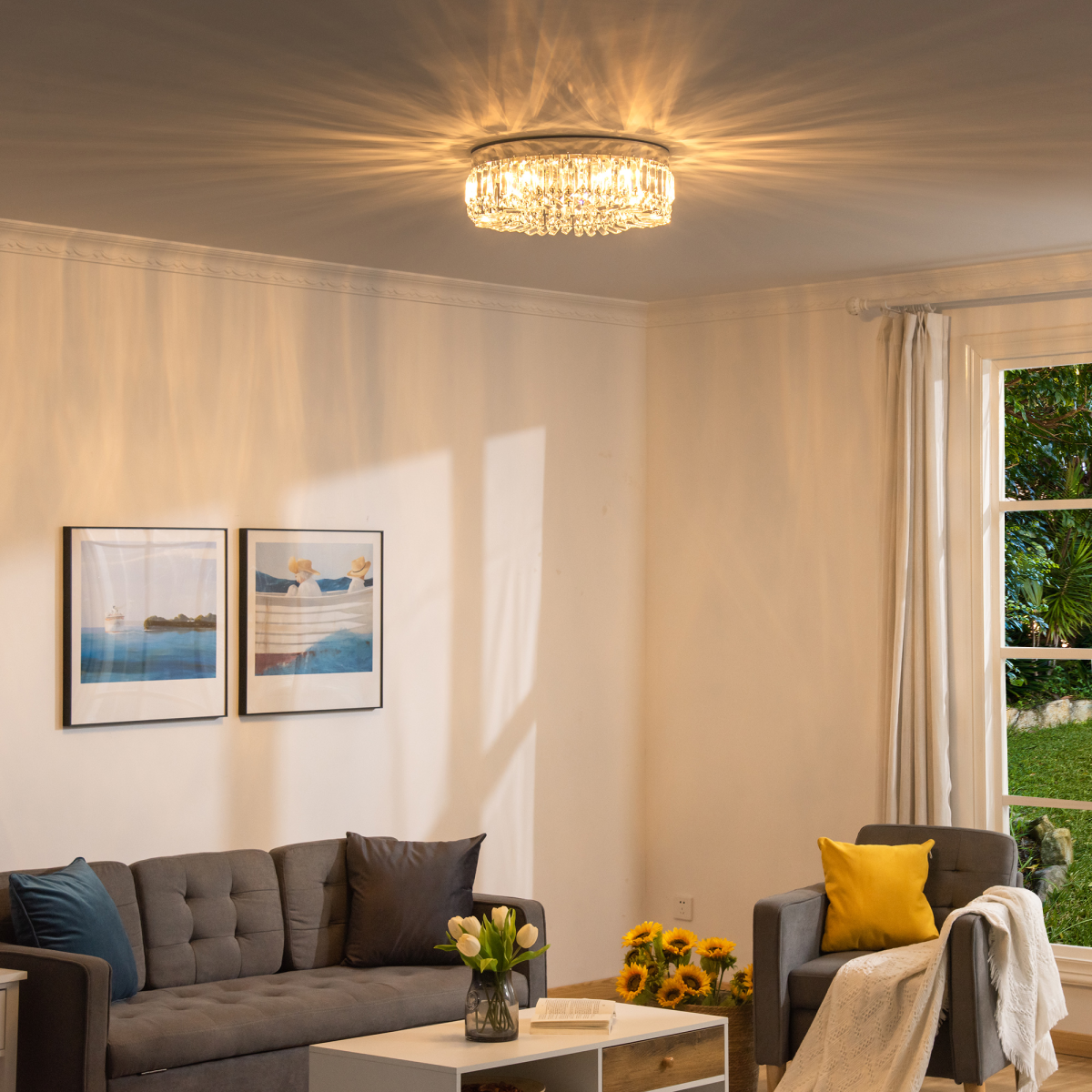 HOMCOM Crystal Chandelier Ceiling Light with Stainless Steel Frame – Pendant Light for Living Room, Silver