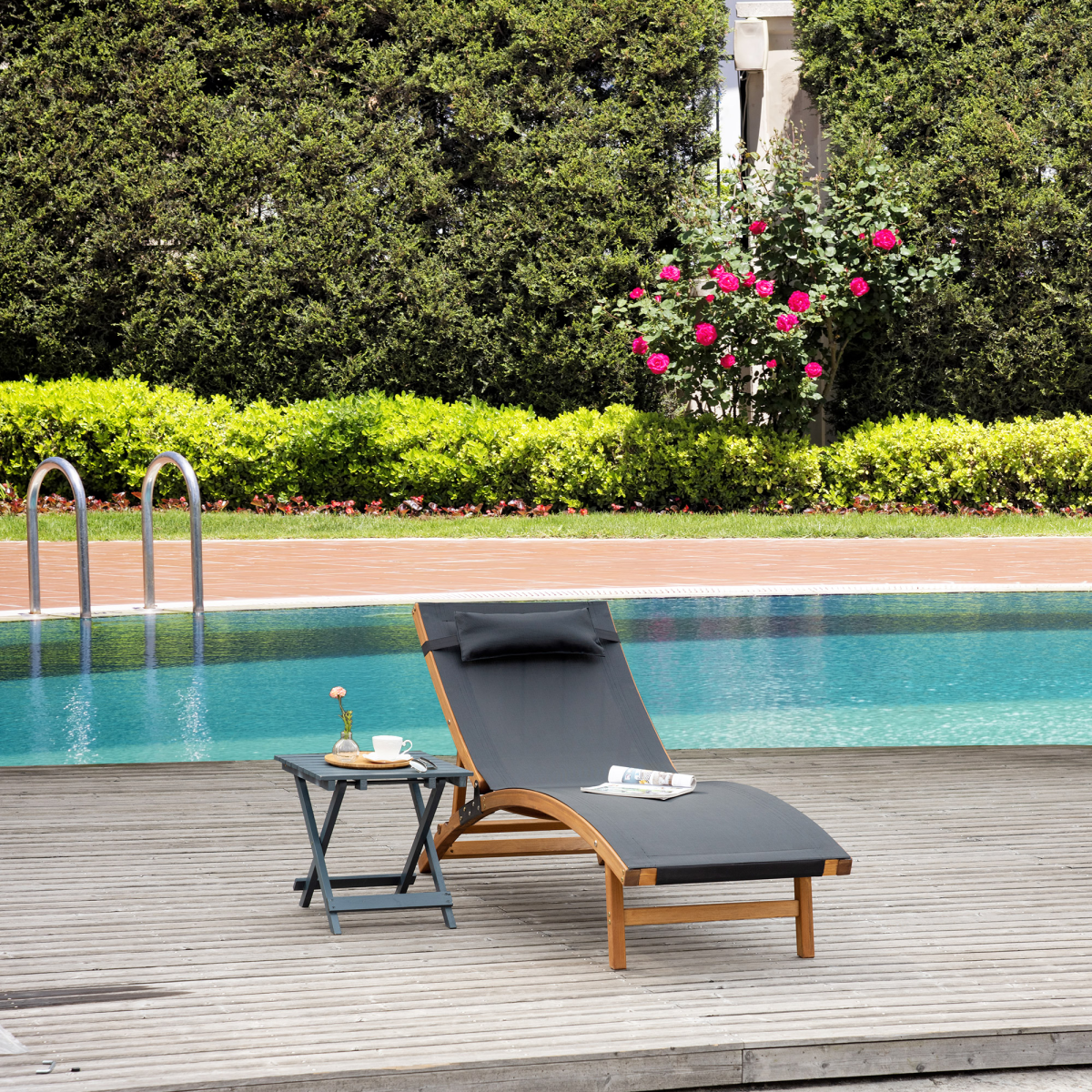 Outsunny Adjustable Ergonomic Garden Sun Lounger with Pillow & Texteline Seat – Outdoor Chaise, Black