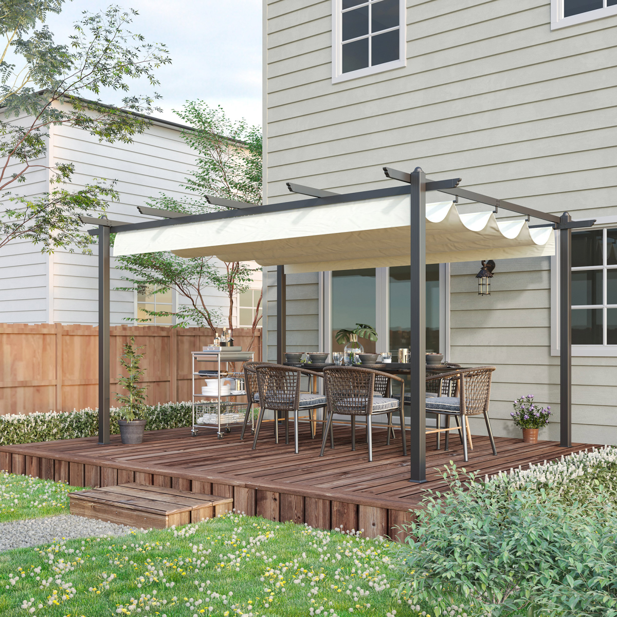Outsunny 4x3m Aluminium Pergola Gazebo with Retractable Canopy & Ground Stakes – Garden Patio Shade, Cream White
