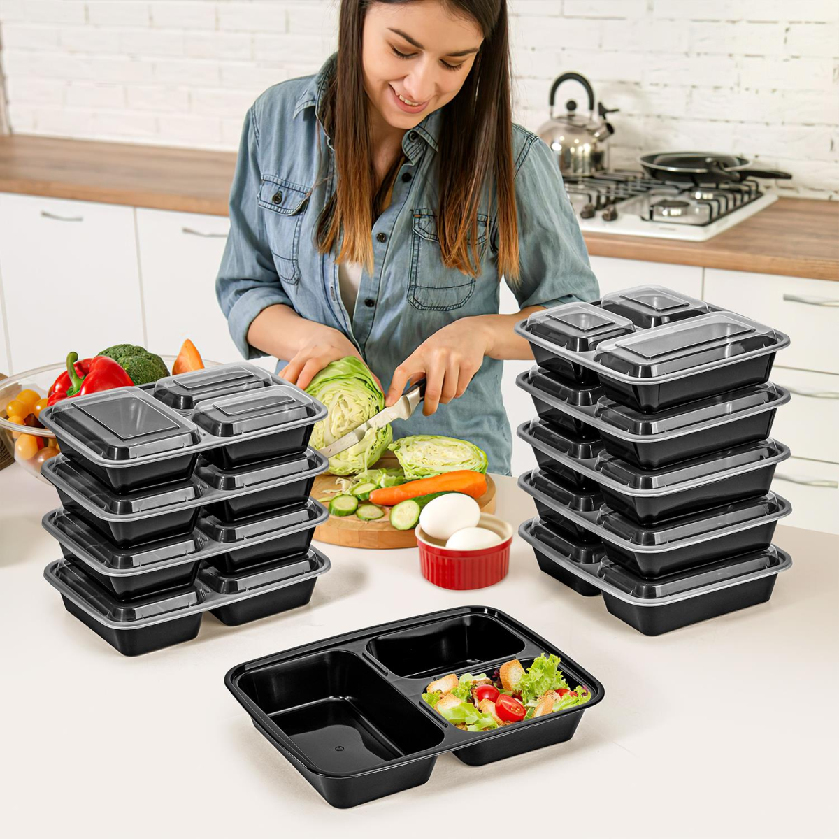 VINSANI 3-Compartment Meal Prep Containers with Airtight Lids – 2 x 10 Pack, 20 Total