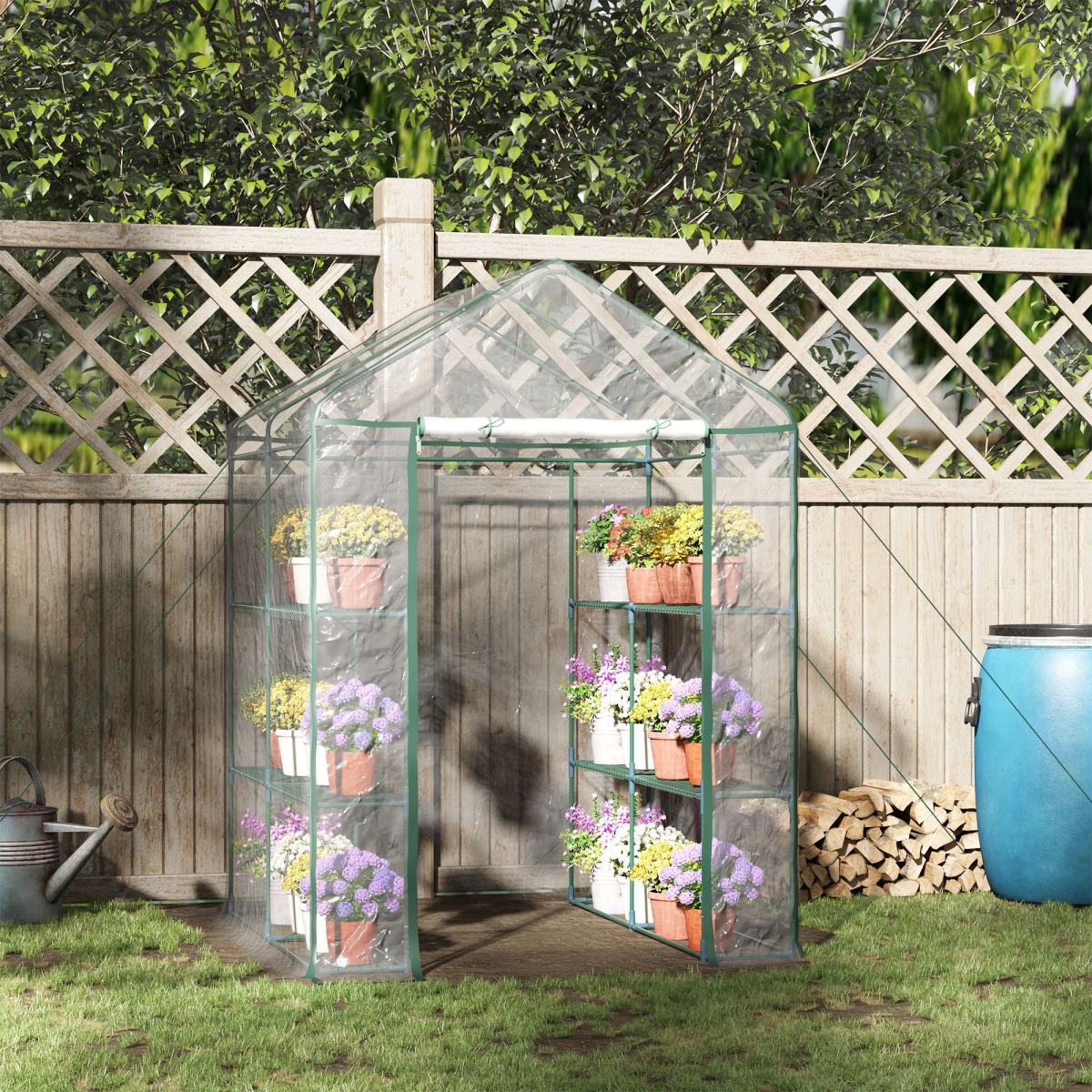 Outsunny Steel Frame Greenhouse with 2 Shelves & 8 Grid Rack – Zippered Roll-Up Door, Clear PVC Cover