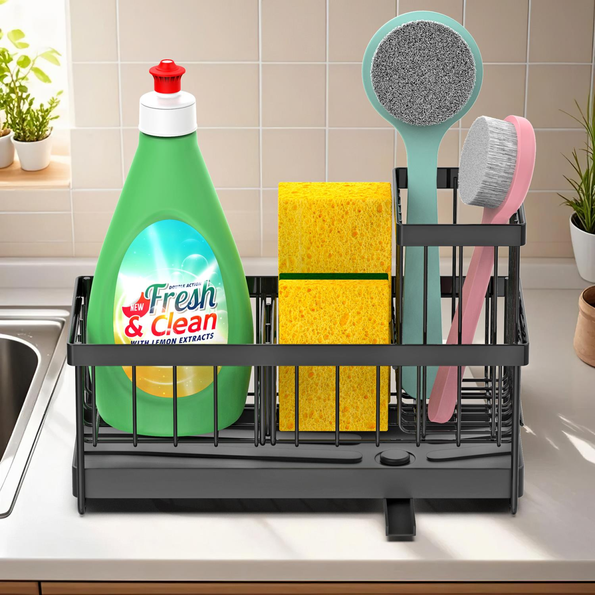 VINSANI Sink Sponge Holder with Removable Dividers and Drainage – Kitchen Organiser, Black