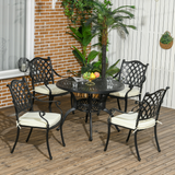Outsunny 4 Seater Cast Aluminium Dining Set with Round Table, 50mm Parasol Hole & Cushions – Garden Patio, Black & Cream