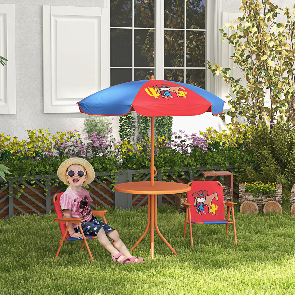 Outsunny Kids Bistro Table and Chair Set with Cowboy Theme, Adjustable Parasol – Outdoor Play Set