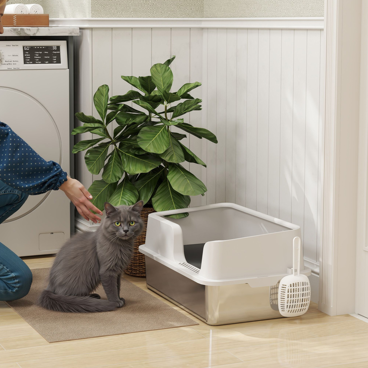 PawHut Stainless Steel Cat Litter Box with High Sides, Sand Drop Area & Scoop – Extra Large, Grey