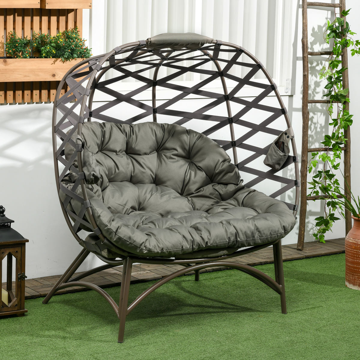Outsunny 2-Seater Outdoor Egg Chair with Padded Cushion & Cup Pockets, Powder-Coated Steel Frame – Garden Lounger, Sand Brown