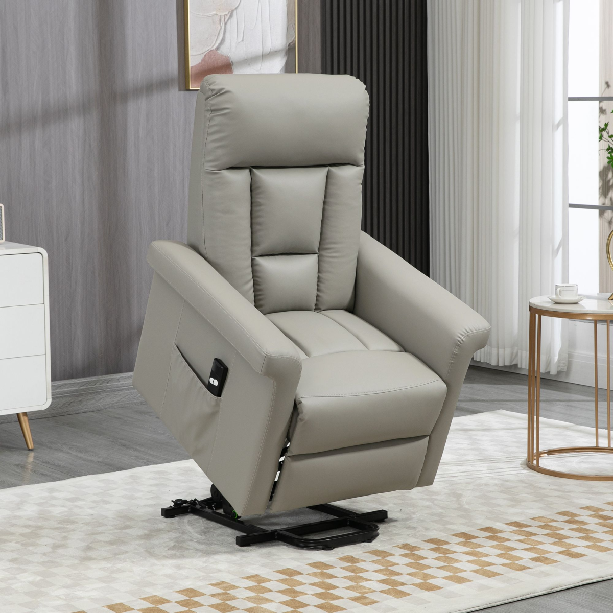 HOMCOM Power Lift Recliner Chair with Side Pocket and Handset Control – Easy-Clean Grey PU Leather