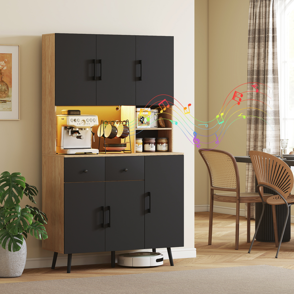 HOMCOM Tall Kitchen Cupboard with USB RGB LED Lights & Adjustable Shelves – Pantry Storage, Oak